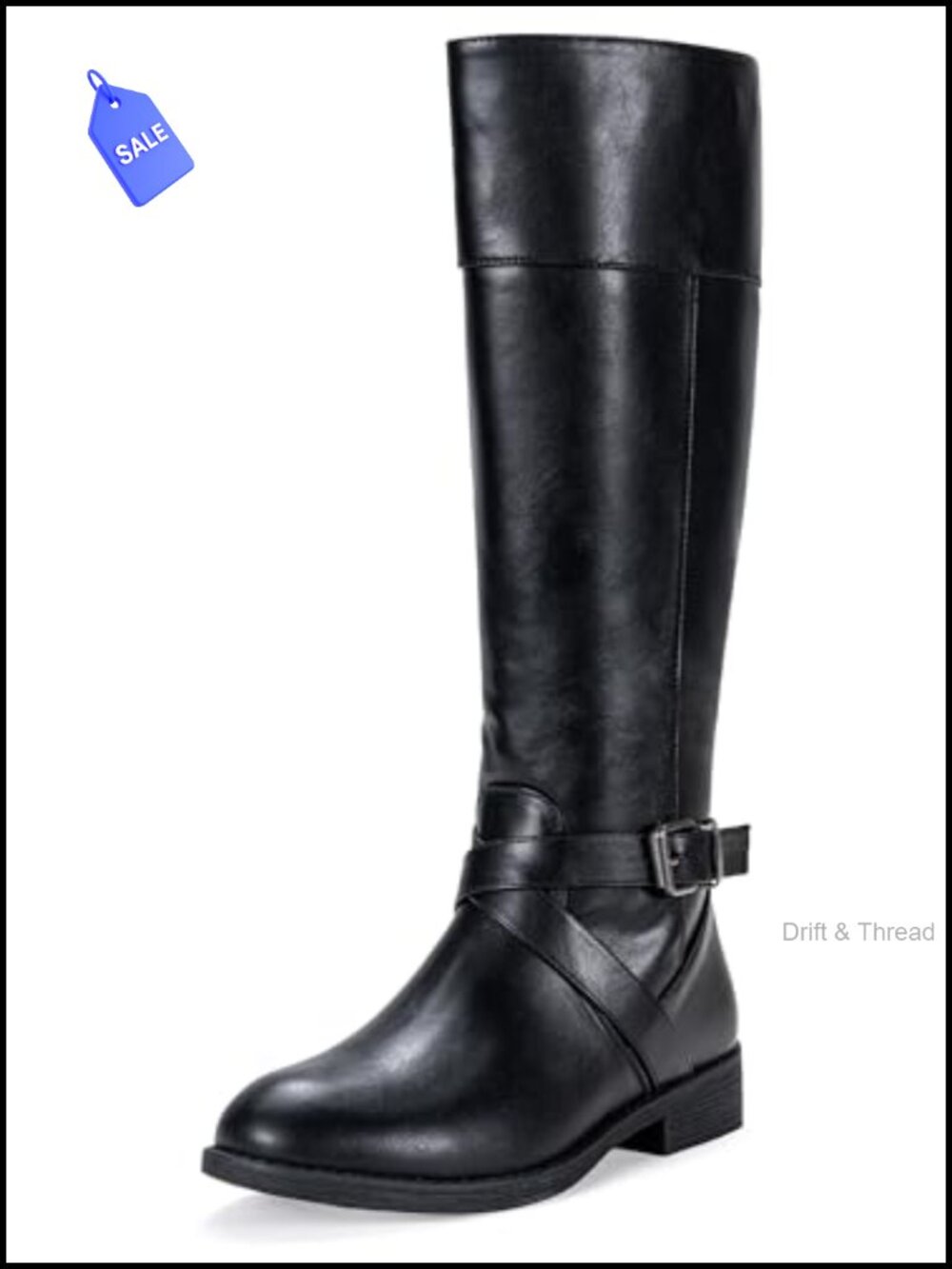 Faux Leather Knee-High Riding Boots Buckle Inside Zip Block Heel